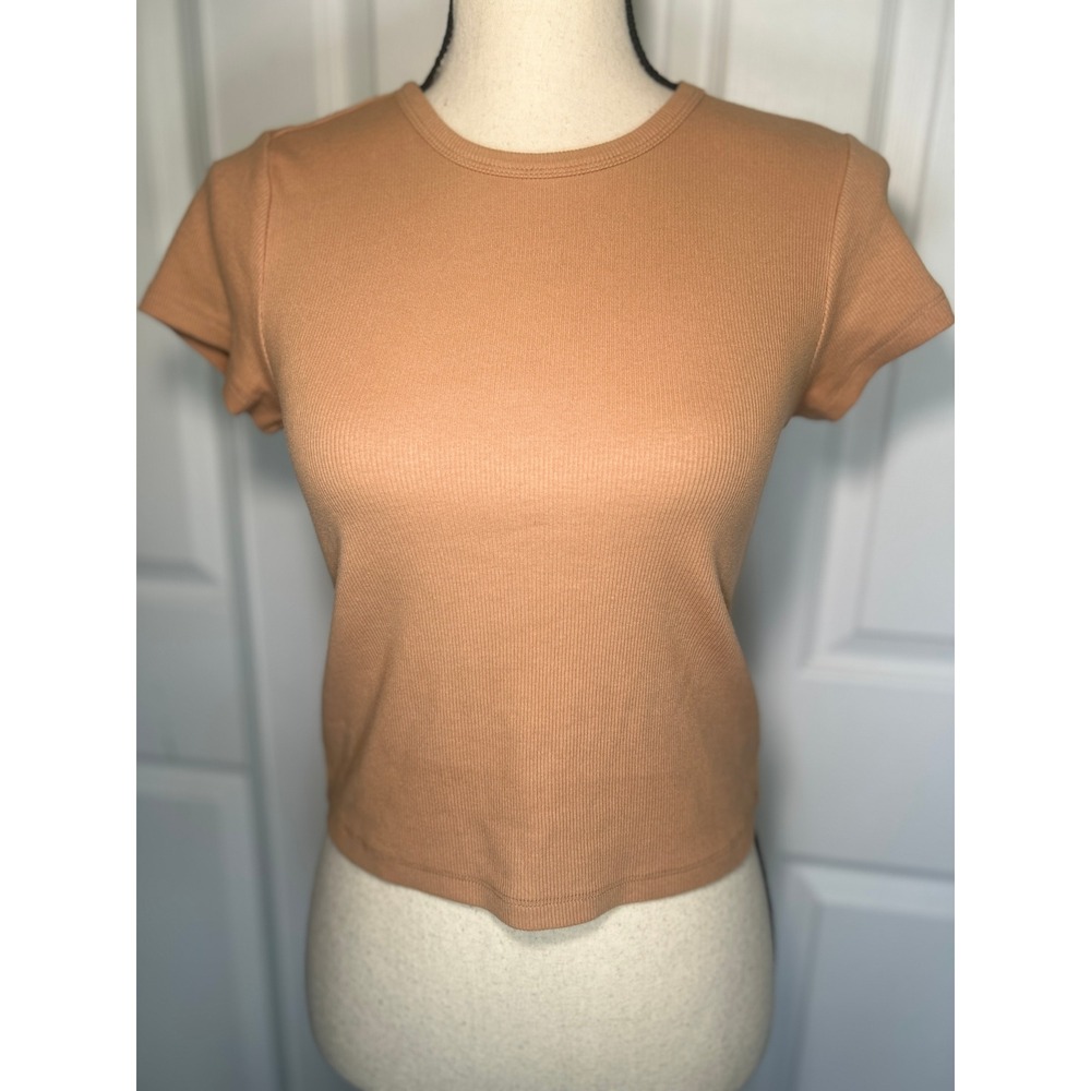 Maeve Anthropologie Ribbed‎ Baby Tee Medium Tan Short Sleeve Crew Neck Stretch